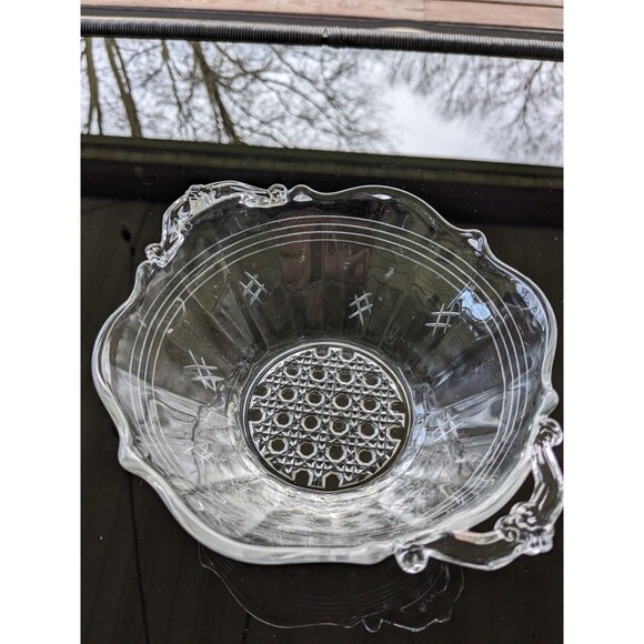 Vintage Clear Depression Glass 5" Small Etched Bowl Basket Weave MCM Handles - Picture 2 of 12